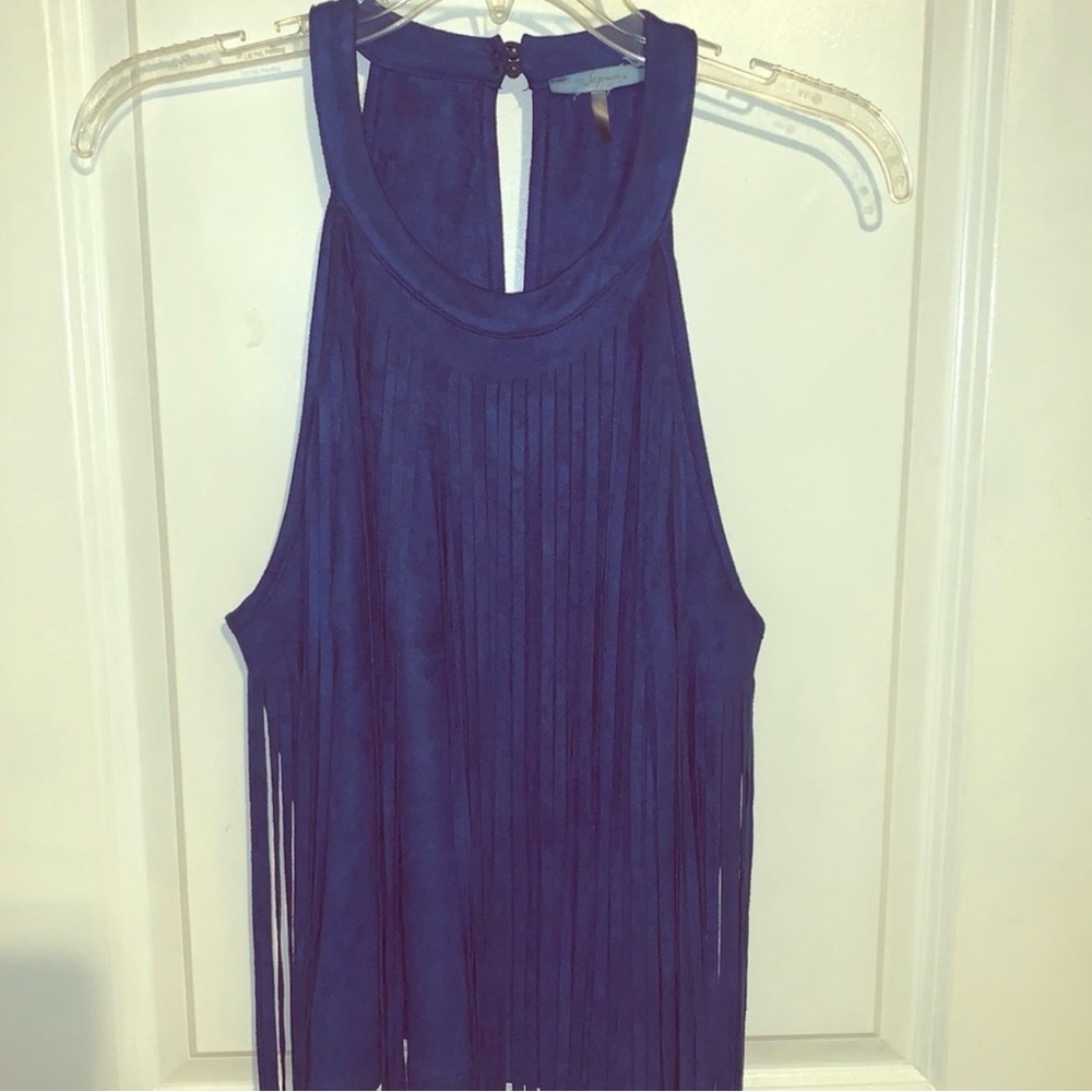 Boutique Blue Sleeveless Fringe Top